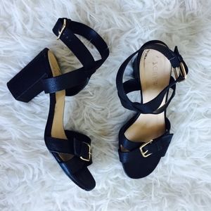 J. Crew Black Buckled Mid Heel Sandals